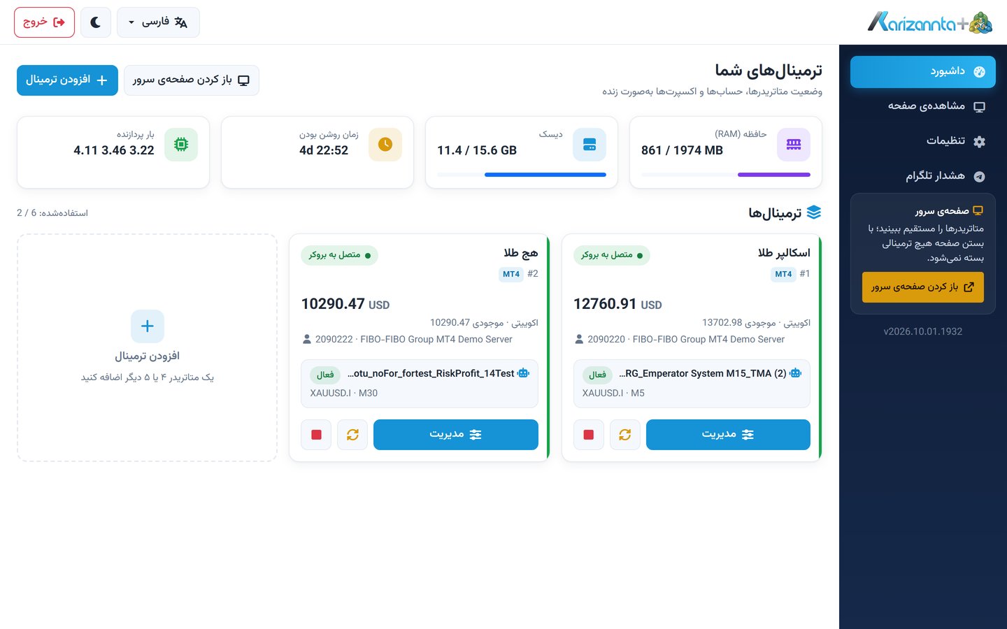 داشبورد پنل سرور متاتریدر با دو ترمینال MT4 متصل